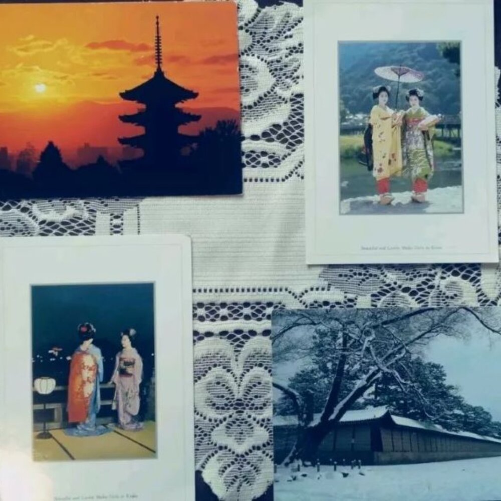 4 JAPANESE POST CARDS, 2 MAIKO GIRLS 2 HISTORICAL BUILDINGS KYOTO 6 X 4" VINTAGE